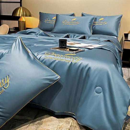 🔥Juego de Cuatro Piezas (Funda de almohada * 2 + Edredón * 1 + Sábana * 1) de Seda Helada Simple de Verano❄️
