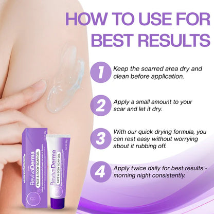 ¡Paga 1 Lleva 3! Timilk® RevivaDerma Gel para cicatrices faciales y corporales: clínicamente probado para suavizar, aplanar y atenuar cicatrices quirúrgicas, marcas de acné, quemaduras, queloides y cicatrices relacionadas con traumatismos.