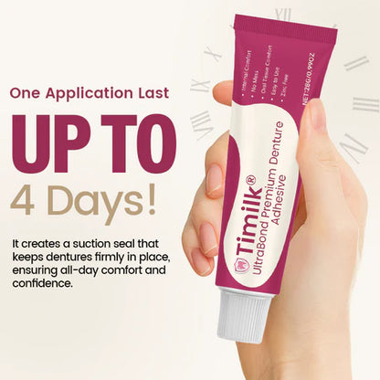 Adhesivo para prótesis dentales Timilk® UltraBond Premium 🔥 Certificado por la FDA (Fijación clínicamente probada de 4 días para un ajuste seguro, cómodo y sin zinc 🦷)