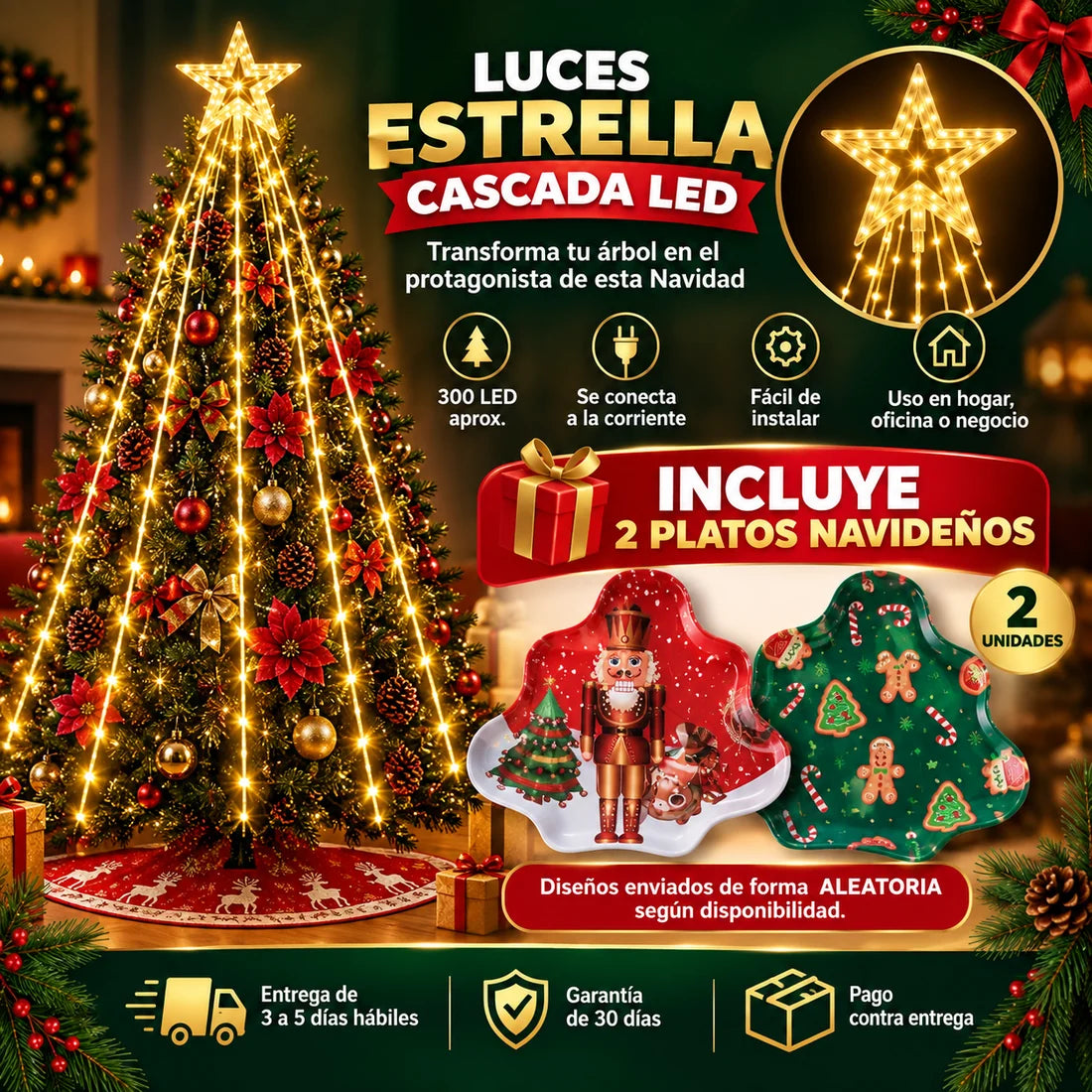 Luz Estrella Cascada & 2 Platos Navidad ⭐