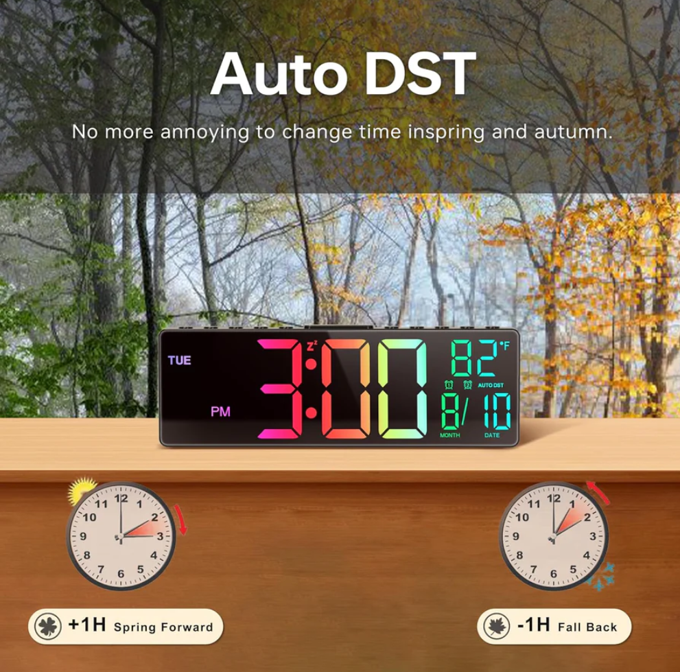 Reloj despertador digital grande de 10,5'' con 8 colores RGB