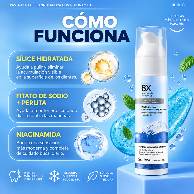 Pasta Dental Blanqueadora Espumosa Softvya ™ 8X Con Niacinamida
