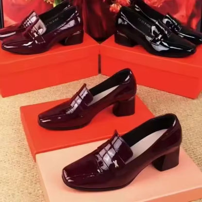 Zapatos de tacón de bloque de boca profunda de estilo británico para mujer