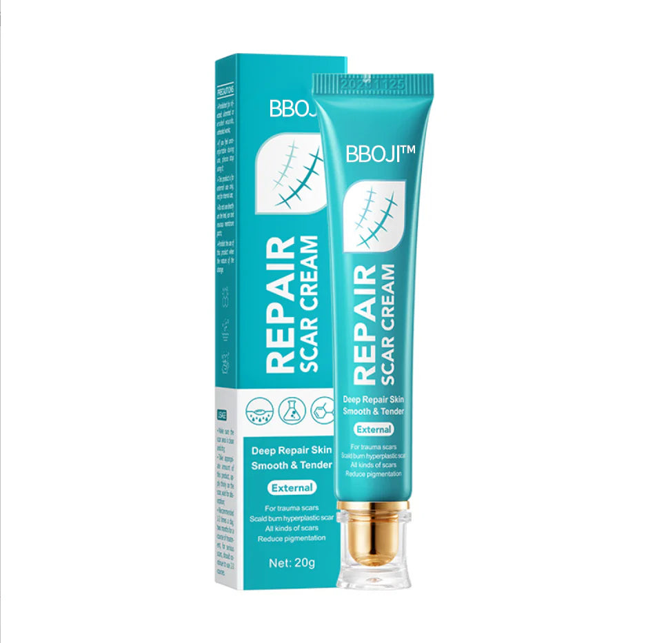 Crema reparadora de cicatrices BBOJI™ para hombres y mujeres: difumina cicatrices y reafirma la piel en un solo paso.