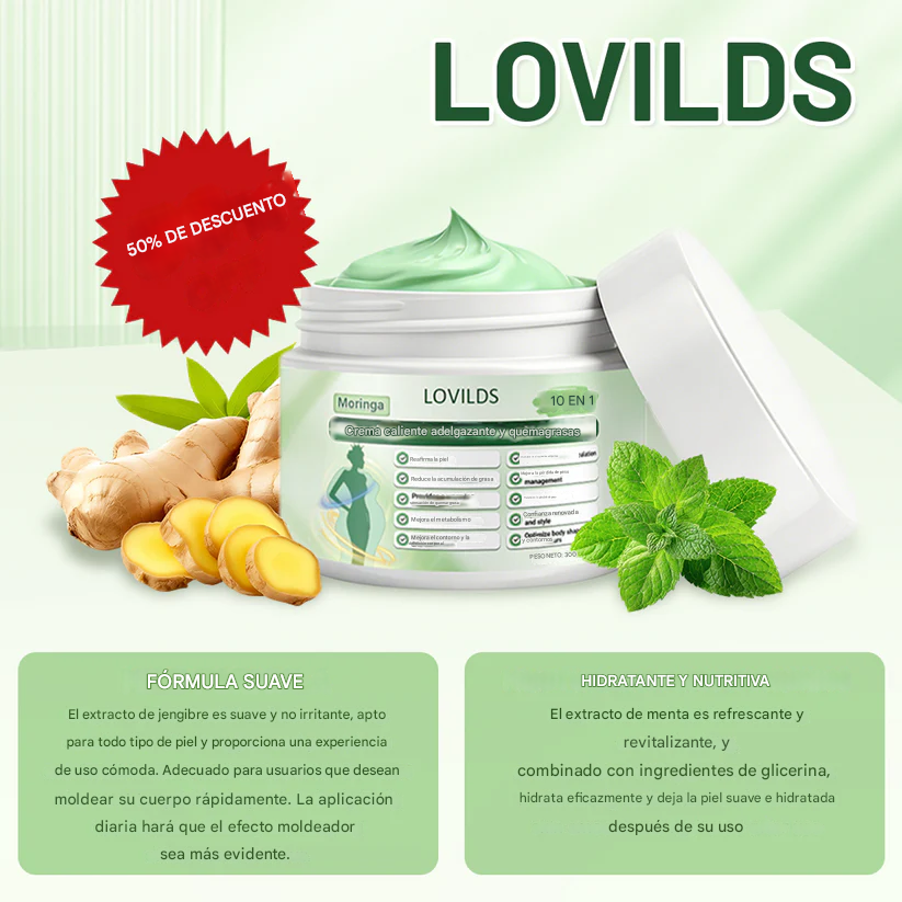 LOVILDS®10-EN-1, Crema caliente adelgazante y quemagrasas con moringa (una vez al día, cambios visibles en 7 días)