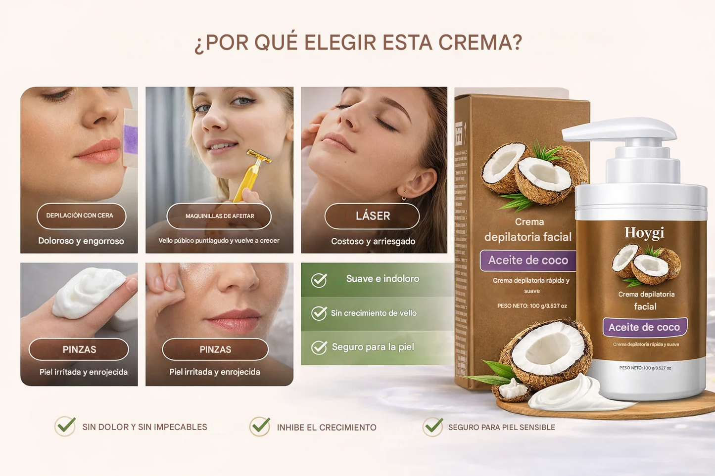Crema depilatoria de coco | Eliminación del vello rápida y fácil para una piel suave y tersa.