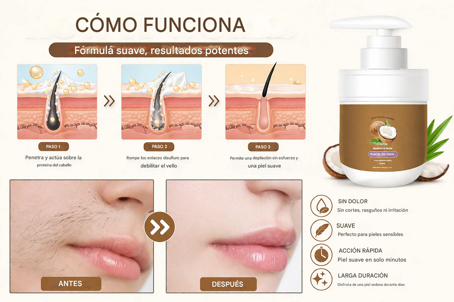 Crema depilatoria de coco | Eliminación del vello rápida y fácil para una piel suave y tersa.