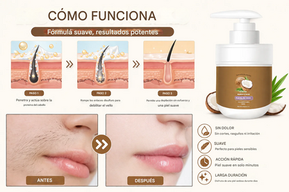 Crema depilatoria de coco | Eliminación del vello rápida y fácil para una piel suave y tersa.