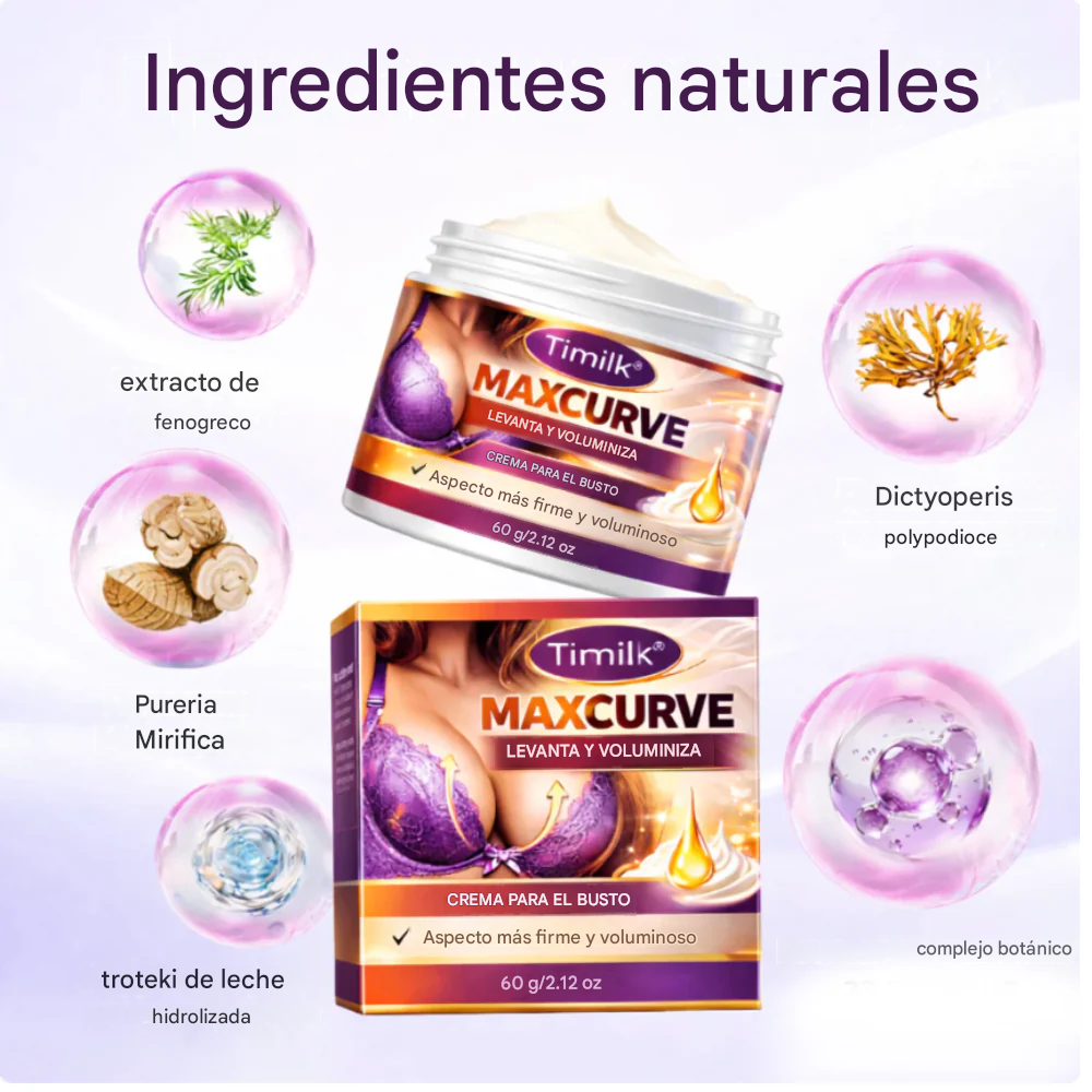 Crema reafirmante y voluminizadora Timilk® Maxcurve Lift & Plump para realzar y aumentar el busto.