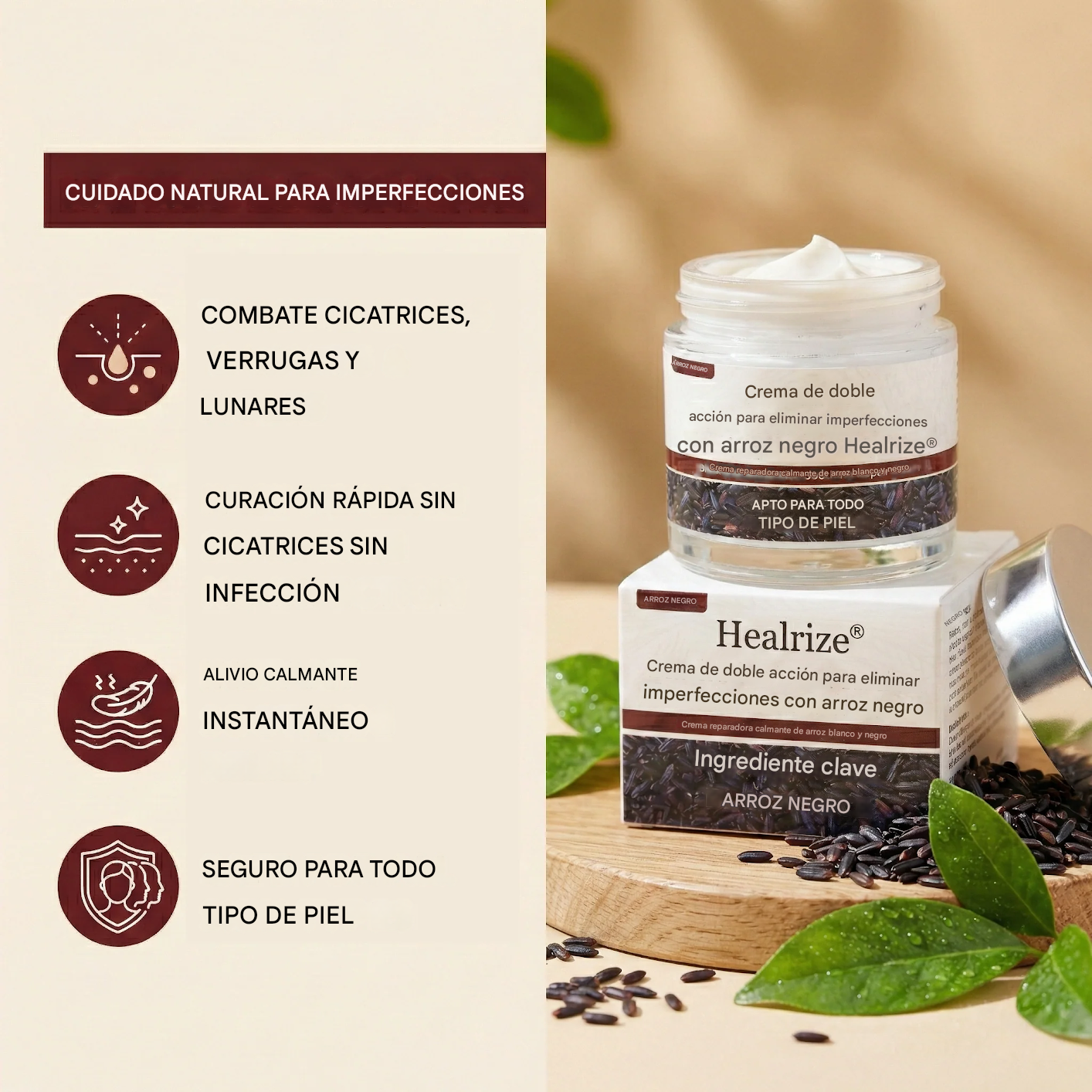 Healrize® Crema de Arroz Negro de Doble Acción para Eliminar Imperfecciones: elimina verrugas y suaviza la piel.