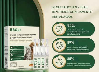 BBOJI® Líquido oral para la salud dental y digestiva de mascotas: refresca el aliento, elimina el sarro y promueve la regeneración de las encías, estabiliza los dientes.