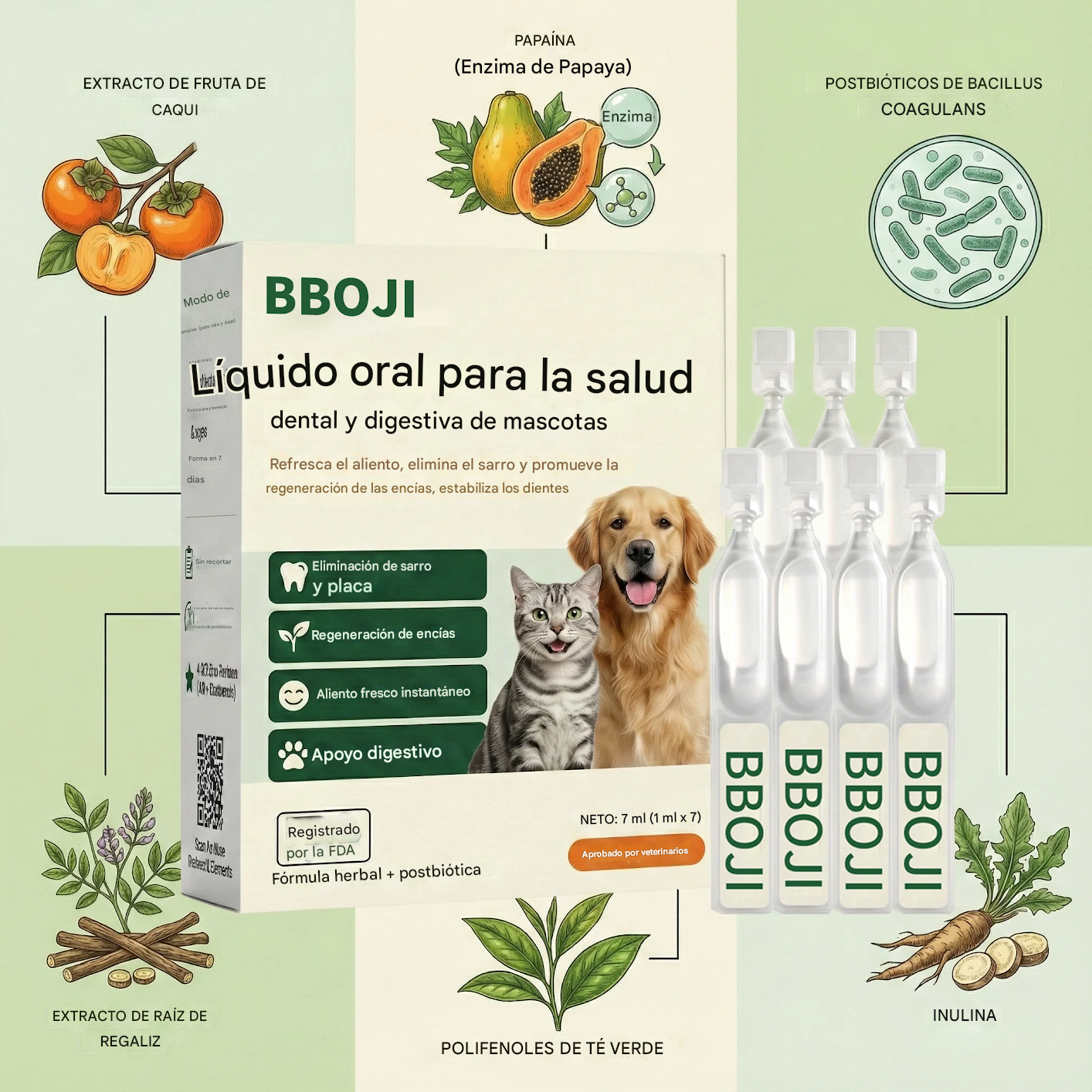 BBOJI® Líquido oral para la salud dental y digestiva de mascotas: refresca el aliento, elimina el sarro y promueve la regeneración de las encías, estabiliza los dientes.