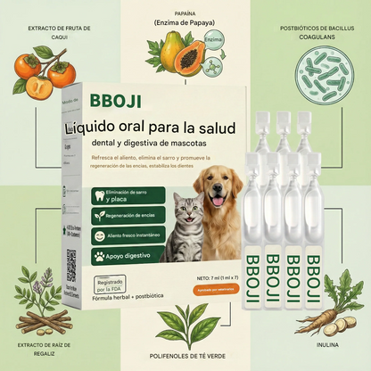 BBOJI® Líquido oral para la salud dental y digestiva de mascotas: refresca el aliento, elimina el sarro y promueve la regeneración de las encías, estabiliza los dientes.
