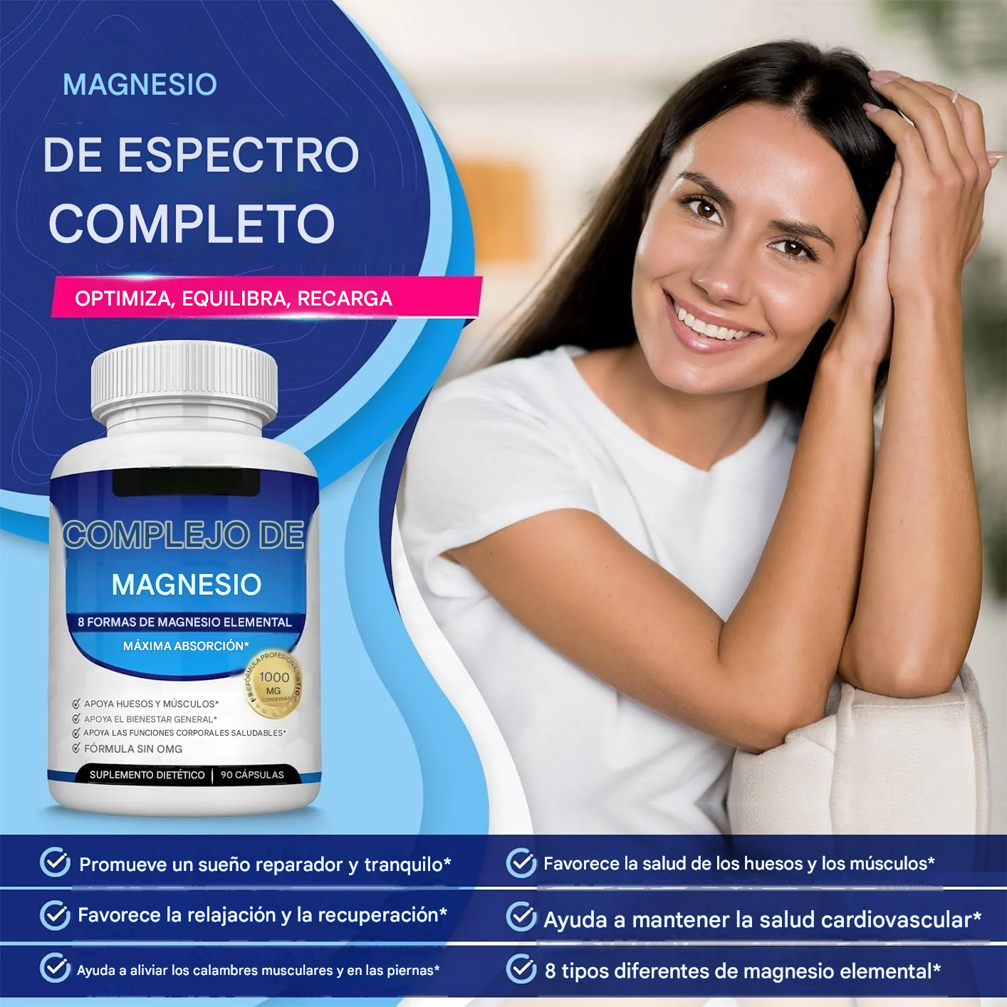 Complejo de magnesio 8, suplemento de magnesio esencial 1000 mg - A01