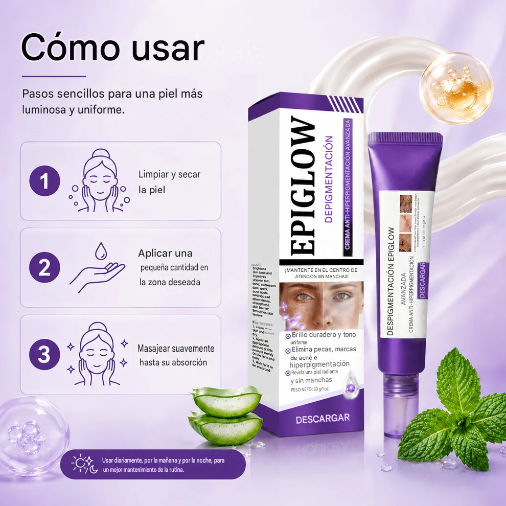Atenúa la apariencia de pecas y manchas oscuras para un brillo más luminoso y uniforme.