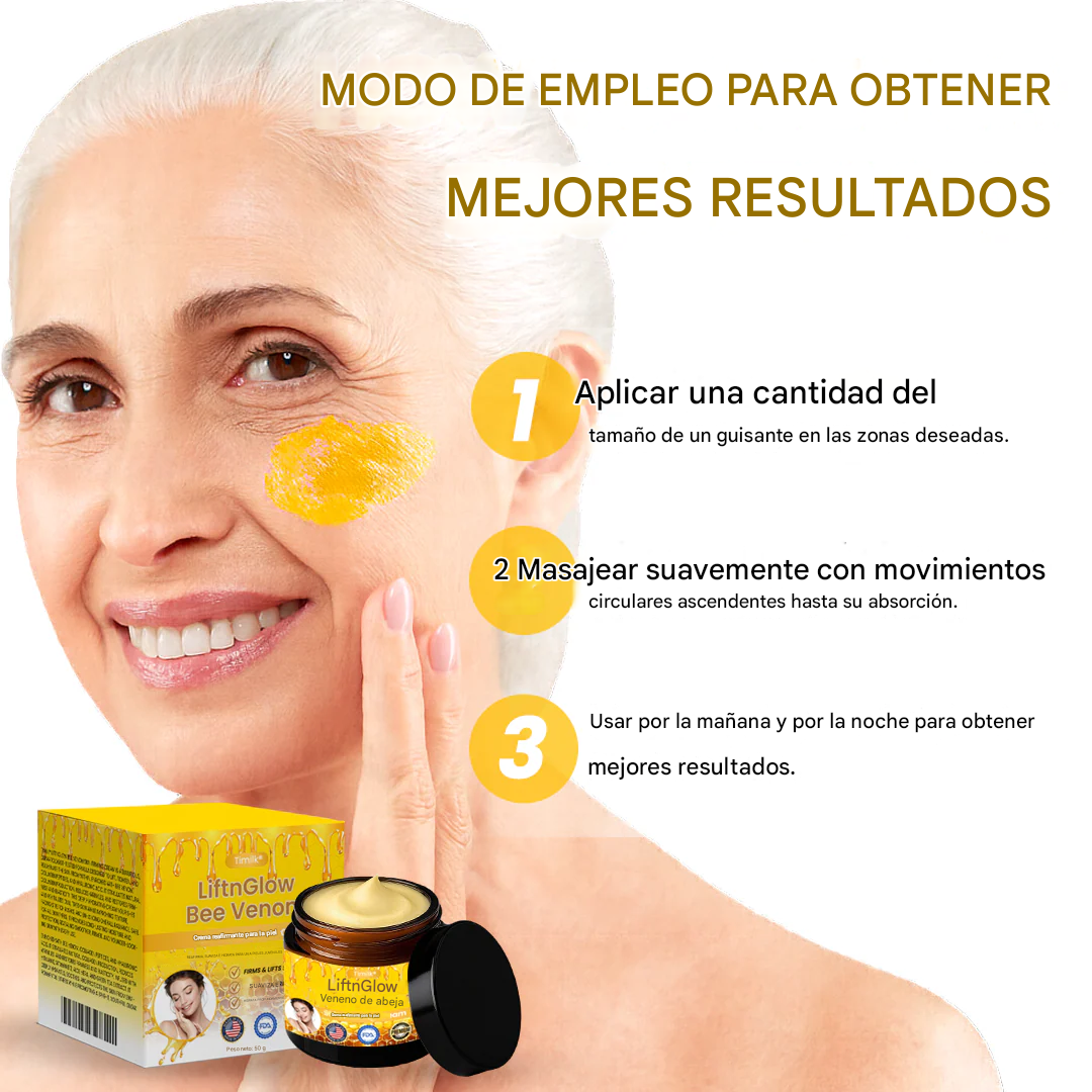 Crema reafirmante para la piel Timilk® LiftnGlow con veneno de abeja