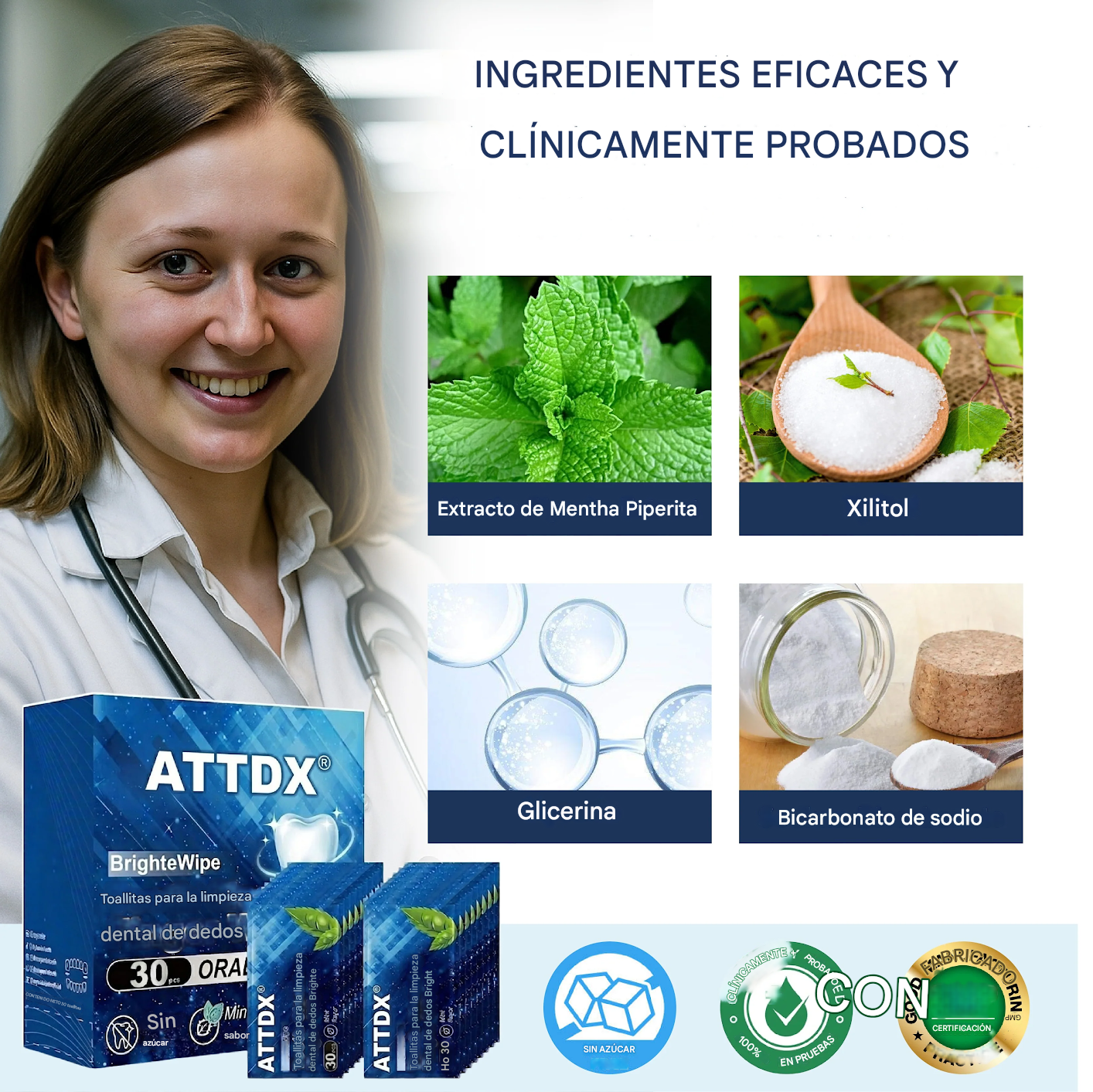 Toallitas húmedas para limpiar los dientes y los dedos ATTDX® BrighteWipe